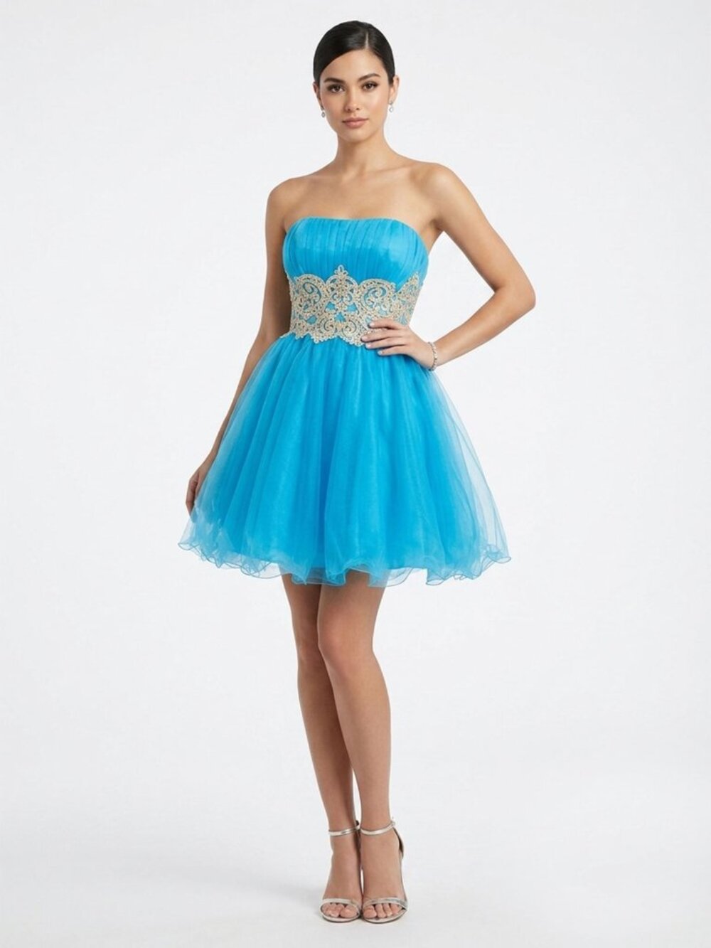 Strapless Light Blue Tulle Short Party Dress Jeweled Rhinestone Mini Skater XS/S